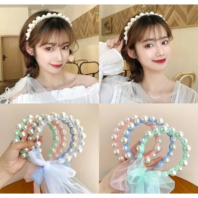 băng đô hạt ngọc có dây buộc ren dễ thương băng đô hạt ngọc có dây buộc ren dễ thương