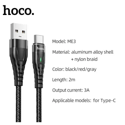 cáp sạc hoco dây dù me3 3a cho type-c có led dây dài 2m cáp sạc hoco dây dù me3 3a cho type-c có led dây dài 2m