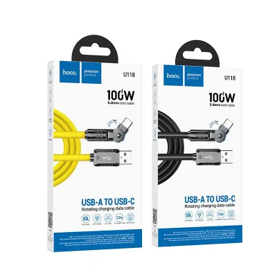 cáp sạc usb to type-c hoco u118 100w 5a đầu xoay 180 độ dây dài 1.2m cáp sạc usb to type-c hoco u118 100w 5a đầu xoay 180 độ dây dài 1.2m