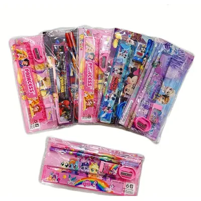 đồ dùng học tập cho bé | set 5 món học tập cho bé (1 thước kẻ, 2 bút chì, 1 đầu chuốt, 1 gôm) kèm túi zip