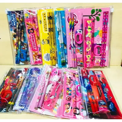 đồ dùng học tập cho bé | set 5 món học tập cho bé (1 thước kẻ, 2 bút chì, 1 đầu chuốt, 1 gôm) kèm túi zip