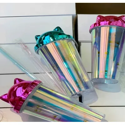 gia dụng nhà bếp | bình đựng nước hai lớp tai mèo lấp lánh 380ml kèm ống hút gia dụng nhà bếp | bình đựng nước hai lớp tai mèo lấp lánh 380ml kèm ống hút