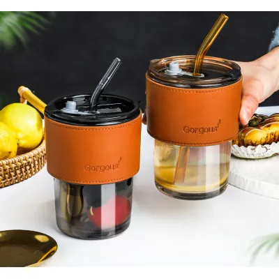 gia dụng nhà bếp | cốc thuỷ tinh gorgous bọc da sang chảnh 450ml kèm ống hút gia dụng nhà bếp | cốc thuỷ tinh gorgous bọc da sang chảnh 450ml kèm ống hút