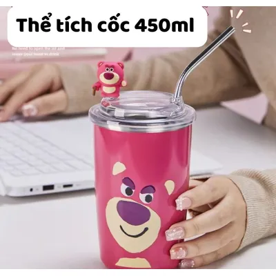 gia dụng nhà bếp | ly giữ nhiệt inox hình gấu hồng strawberry 450ml kèm ống hút inox gia dụng nhà bếp | ly giữ nhiệt inox hình gấu hồng strawberry 450ml kèm ống hút inox