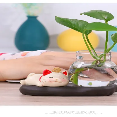 mèo thần tài may mắn để bàn kèm chậu thủy tinh trồng cây, nuôi cá