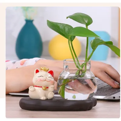 mèo thần tài may mắn để bàn kèm chậu thủy tinh trồng cây, nuôi cá