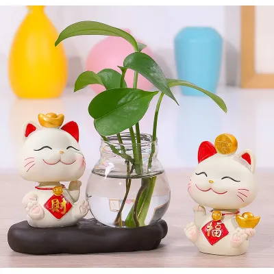 mèo thần tài may mắn để bàn kèm chậu thủy tinh trồng cây, nuôi cá