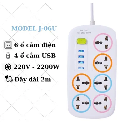 ổ điện 6 ổ cắm 4 cổng usb dài 1.6m 2200w đa năng có công tắc ổ điện 6 ổ cắm 4 cổng usb dài 1.6m 2200w đa năng có công tắc