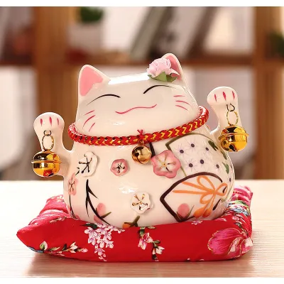 tượng mèo thần tài gốm men 12cm phát tài, phát lộc kèm đệm đỏ tượng mèo thần tài gốm men 12cm phát tài, phát lộc kèm đệm đỏ